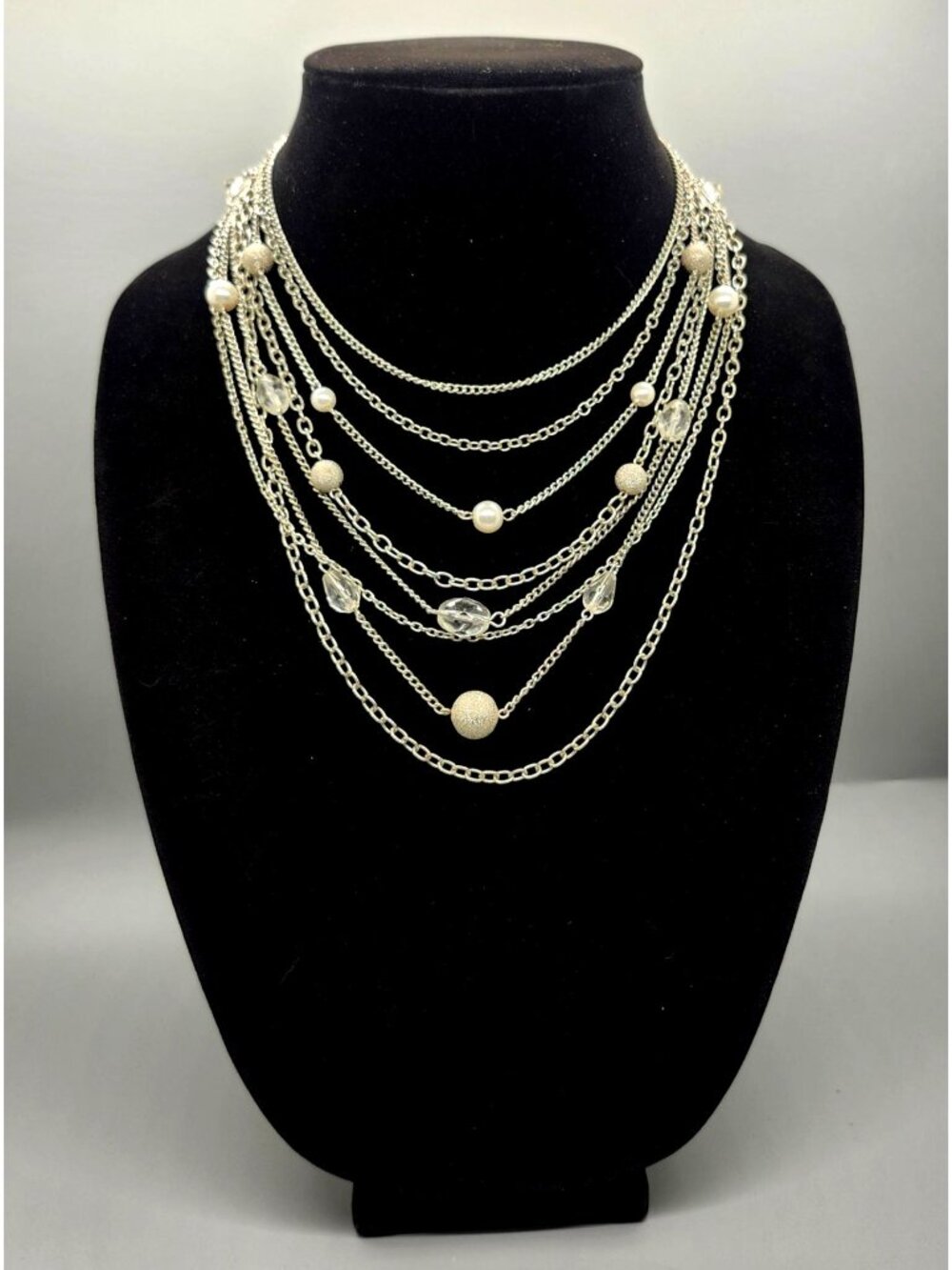 Multi-Layered Silver-Tone Chain Necklace With Faux Pearls & Clear Beads By Expre